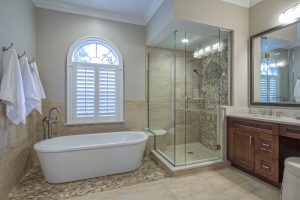 Bathroom freestanding tub and glass enclosed shower